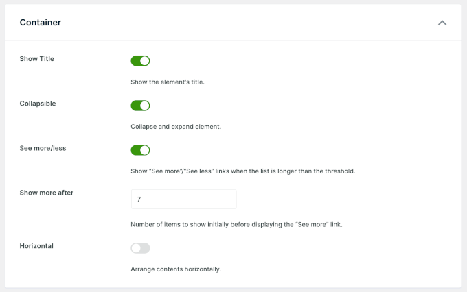 WPFilters' Container settings WPFilters' Container settings