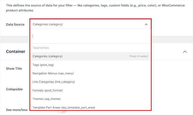 Choosing a data source for the element Choosing a data source for the element