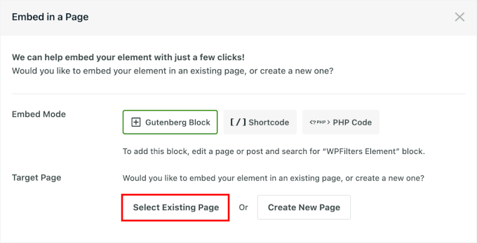 Choosing Gutenberg blog and Select Existing Page in the Embed wizard Choosing Gutenberg blog and Select Existing Page in the Embed wizard