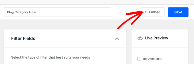 The embed button in WPFilters The embed button in WPFilters