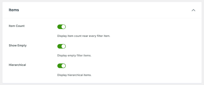 WPFilters' Items settings WPFilters' Items settings