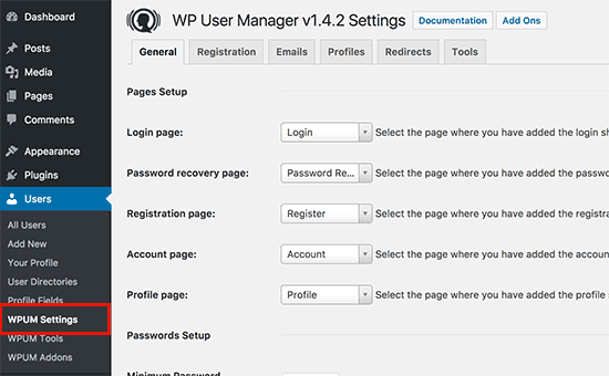 WP User Manager settings page WP User Manager settings page