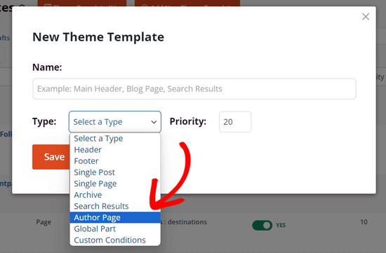 Select the Author page template type Select the Author page template type