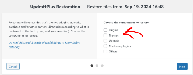 Choose components to restore Choose components to restore