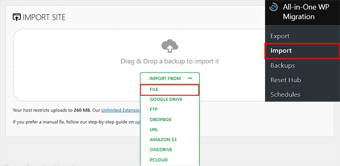 Choose File in the Import dropdown menu Choose File in the Import dropdown menu
