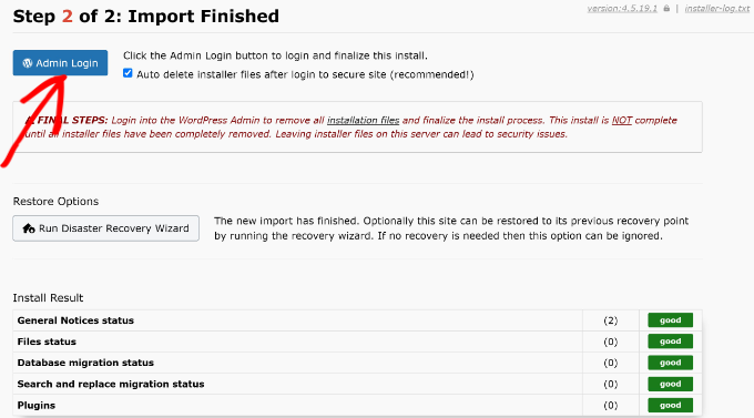 Click admin login when backup is restored Click admin login when backup is restored