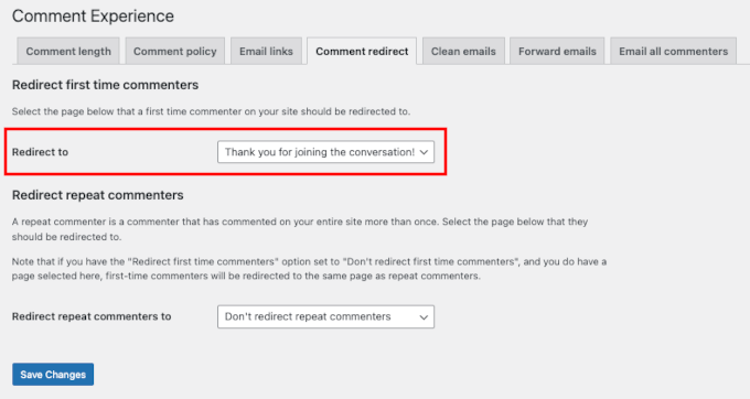 Redirect first time commenters to thank you page