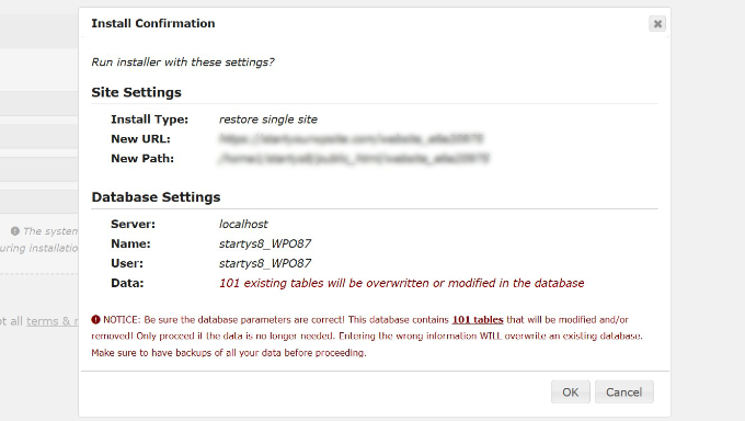 Confirm backup installation Confirm backup installation