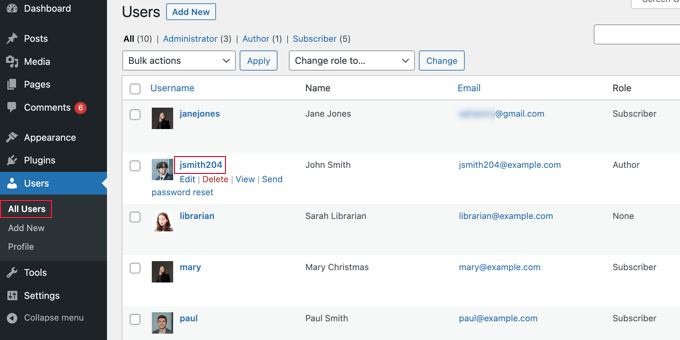 Click on a User in the All Users List Click on a User in the All Users List