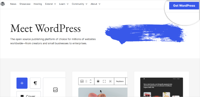 Click get WordPress button Click get WordPress button
