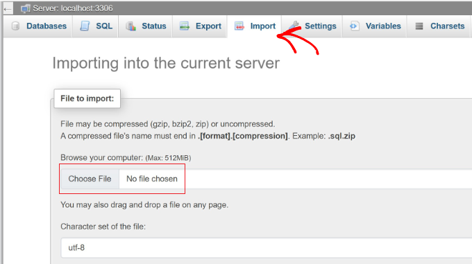 Importing your database Import database in phpMyAdmin panel