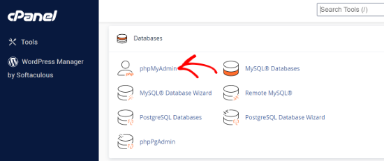 phpMyAdmin in cPanel phpmyadmin panel in Bluehost