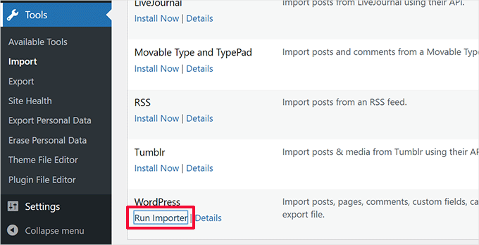 Run WordPress importer Run WordPress importer