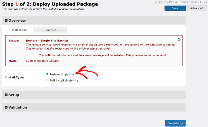 Select restore single site Select restore single site