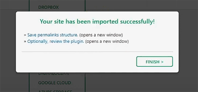 Successful restoration message in All in One WP migration Successful restoration message in All in One WP migration