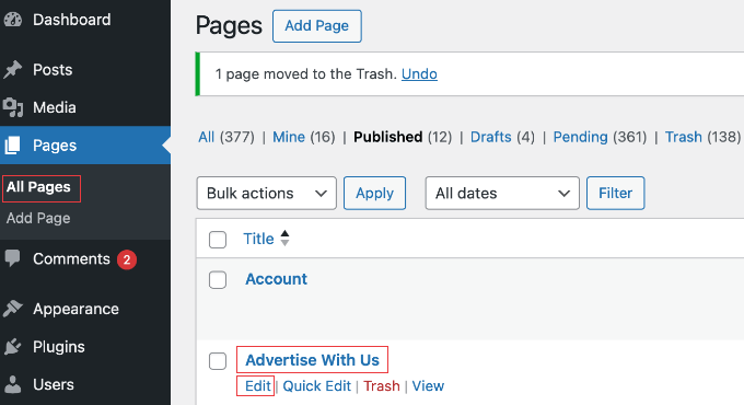 Modification d'une page dans WordPress