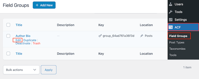 Editing a meta data field group Editing a meta data field group