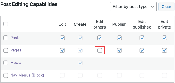 Désélectionner 'Modifier les autres' pour les pages dans les capacités de PublishPress