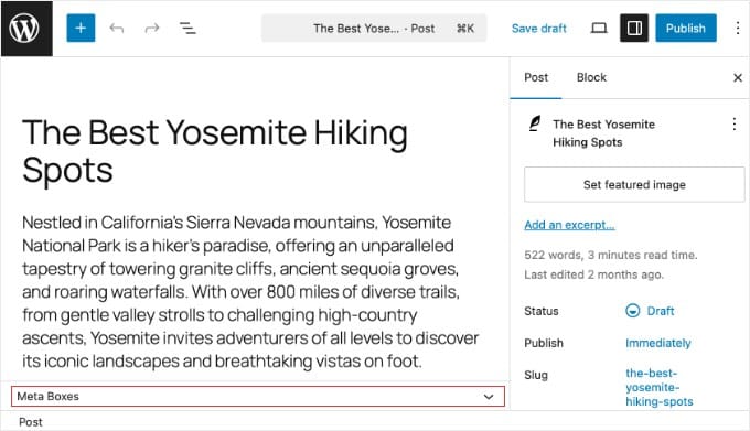 Expansion de la section Boîtes méta sous la zone de contenu