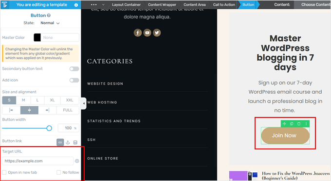 Adding a target URL to the call-to-action element in Thrive Architect Adding a target URL to the call-to-action element in Thrive Architect