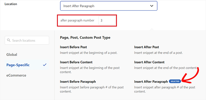Choose Insert After Paragraph as the snippet location Choose Insert After Paragraph as the snippet location