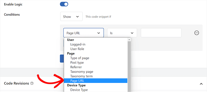 Choose the Page URL option from the dropdown menu on the left Choose the Page URL option from the dropdown menu on the left