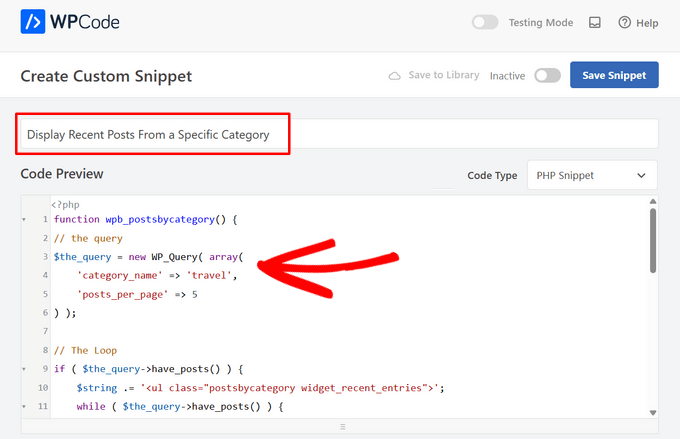 Adăugați un titlu pentru snippet-ul dvs. și lipiți codul pentru a afișa postări recente dintr-o anumită categorie