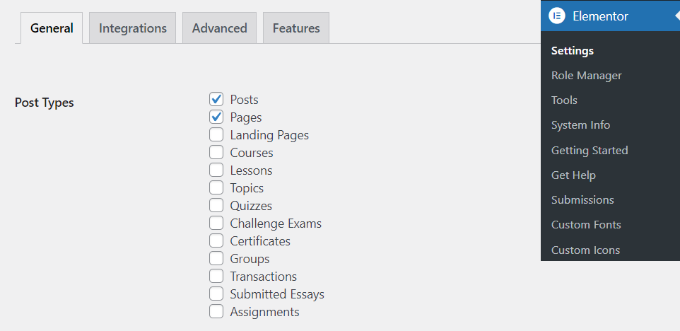 Elementor settings Enable Elementor for different posts