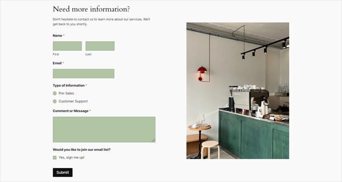 Exemplo de um formulário de contato de inscrição da AWeber feito com WPForms