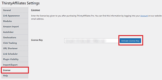 Activați cheia de licență ThirstyAffiliates