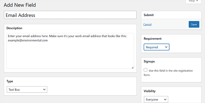 Add a name and description for profile field in Buddypress