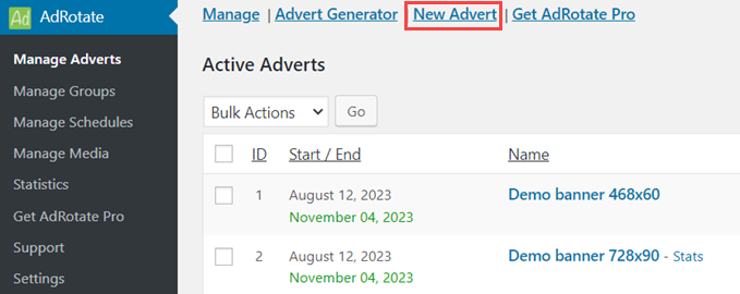 Add new ad adrotate add new advert