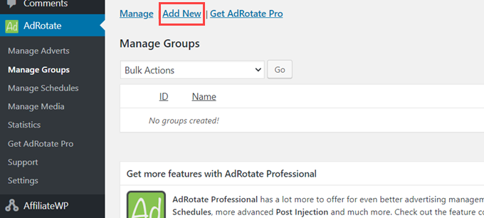 Add new ad adrotate manage groups add new