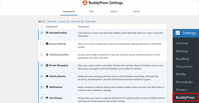 Choose BuddyPress components for your intranet
