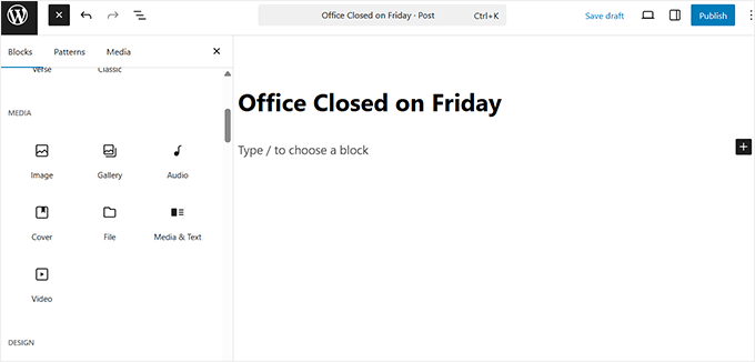 Create an announcement for the intranet in the block editor 