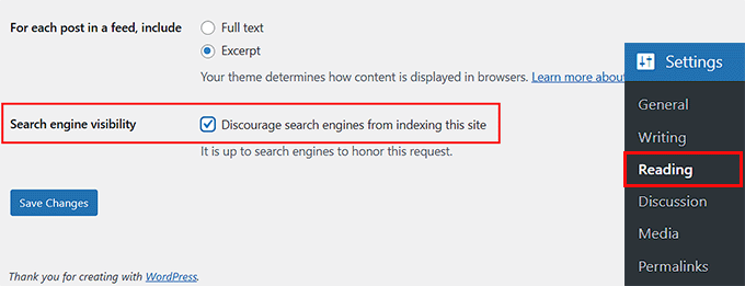 Discourage search engines from indexing site in WordPress