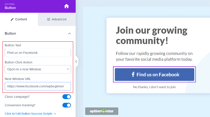 Redigera Facebook-knappen i kampanjen