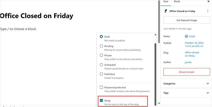 Make your intranet announcement sticky