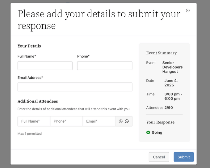 Sugar Calendar RSVP form