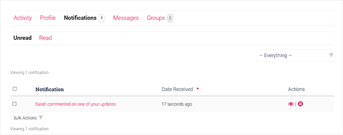 See notifications on the BuddyPress page