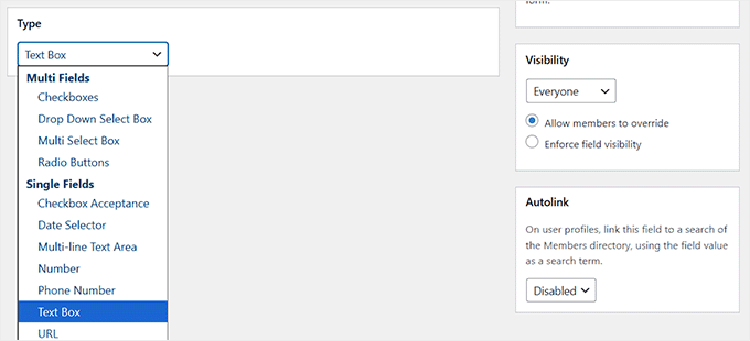 Select field type and visibility in BuddyPress