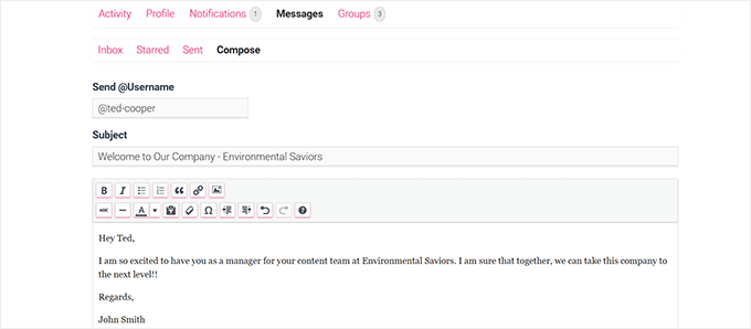Send a demo private message in BuddyPress