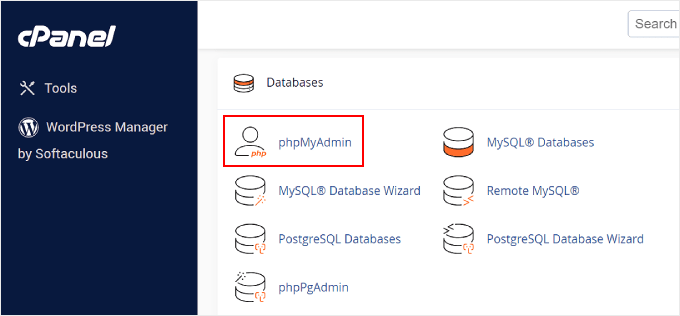 Selecting phpMyAdmin on cPanel Selecting phpMyAdmin on cPanel