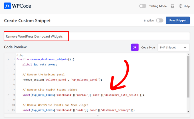 特定の WordPress ダッシュボードウィジェットを削除するために WPCode にカスタムコードを追加する