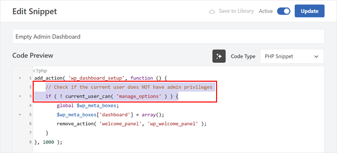 WPCode を使用して、管理者以外のユーザーのために管理ダッシュボードを空にするためのコード行を追加する