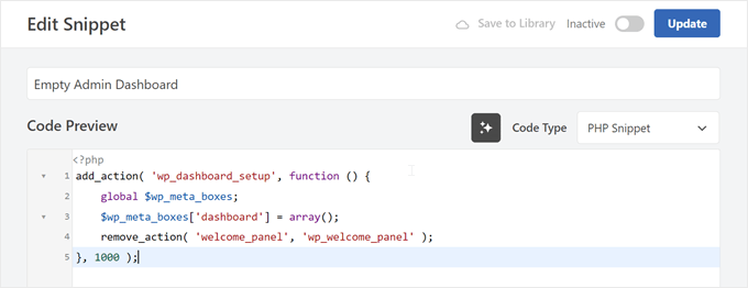 空の管理ダッシュボード WPCode コードスニペットの外観