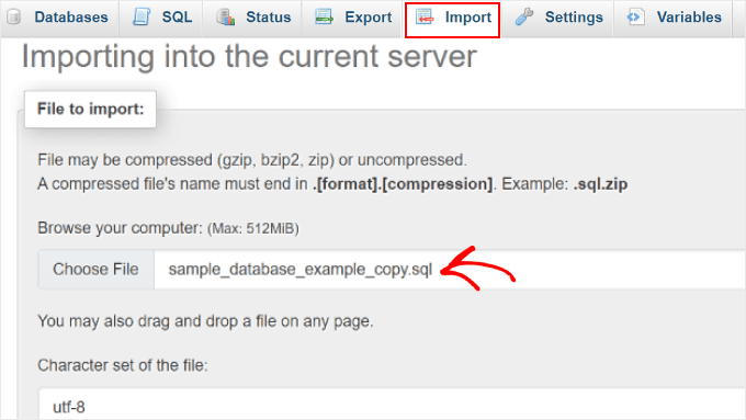 Choosing an SQL file to import in phpMyAdmin Choosing an SQL file to import in phpMyAdmin