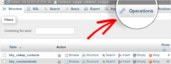 Selecting the Operations tab on phpMyAdmin Selecting the Operations tab on phpMyAdmin