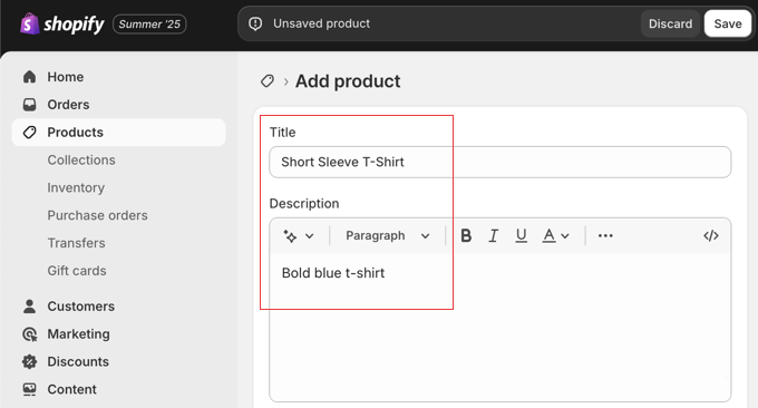Adding a Product Title and Description in Shopify