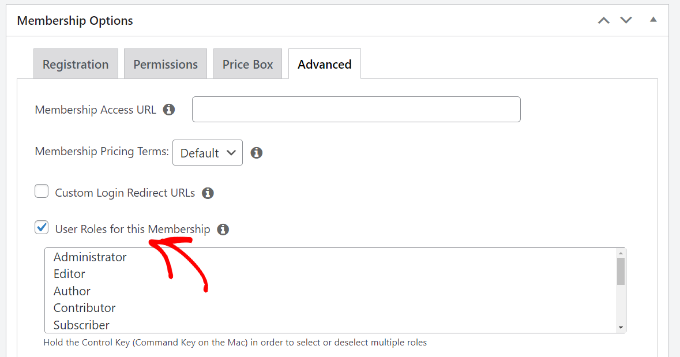 Select user role for membership plan Check the user roles option